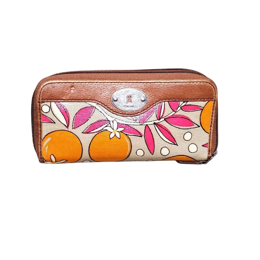 Fossil Key-Per Wallet Women OS Orange Pink Floral New with tag Zip Around Clutch